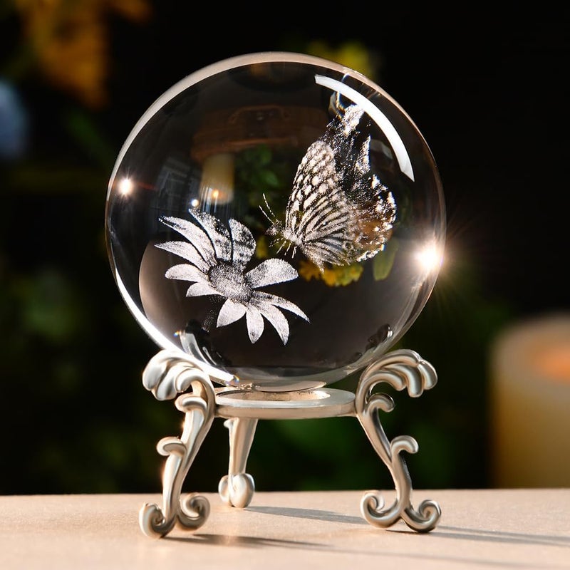 ZRENJHUS 3D Butterfly Crystal Ball Butterfly on Sunflower in Glass Ball 60mm Decorative Glass Ball with Stand Gifts for Women Girlfriend Wife Mom Couple Her - Image 1